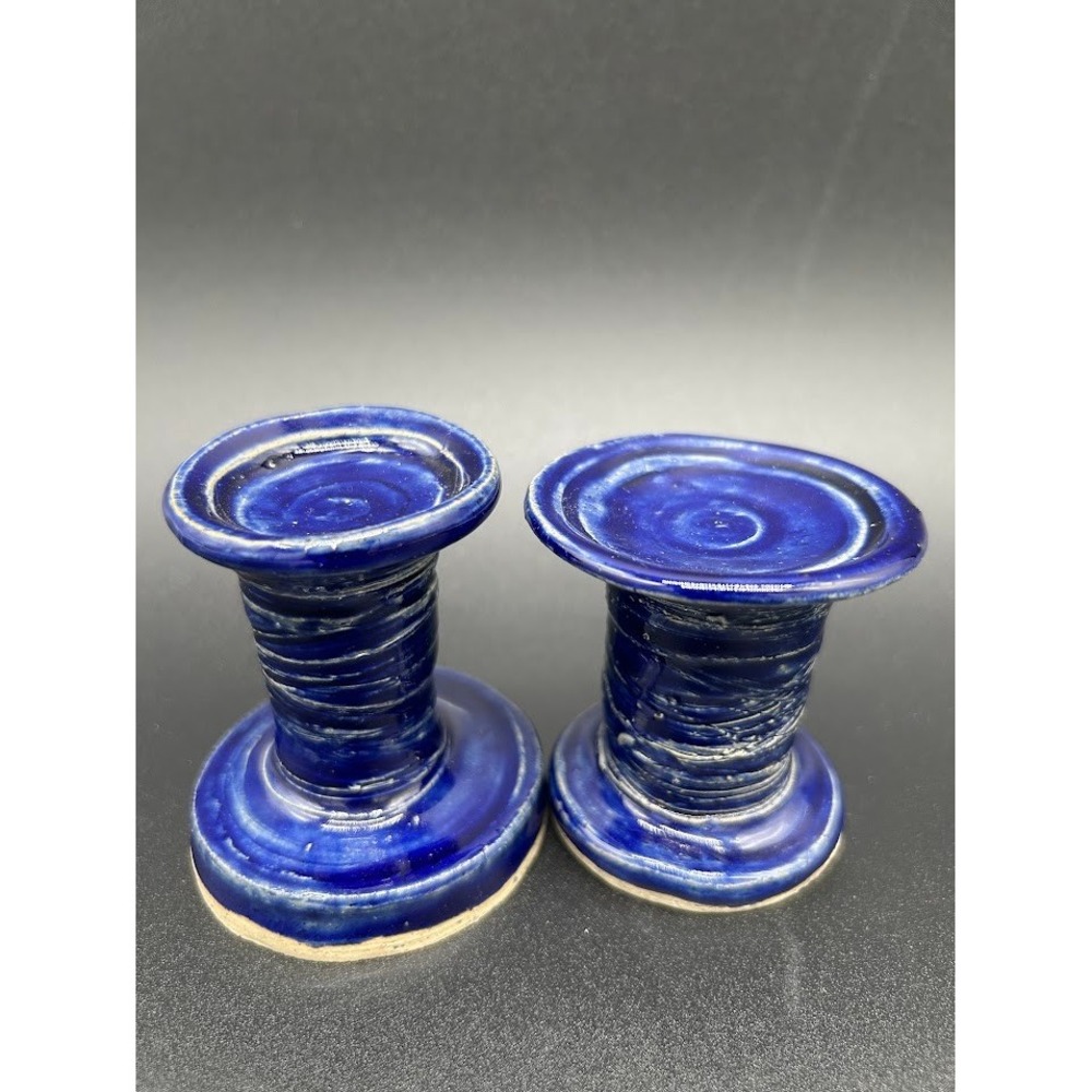 Pair of Cobalt Blue Ceramic‎ Candlesticks Rustic Textured Signed KaH